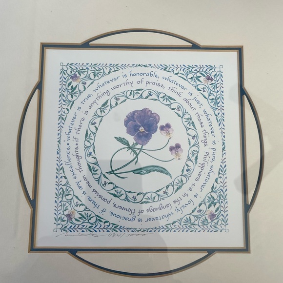 Susan Loy Art, 10x10, framed and matted Pansy/Thoughts, Literary Calligraphy Art - Picture 2 of 11